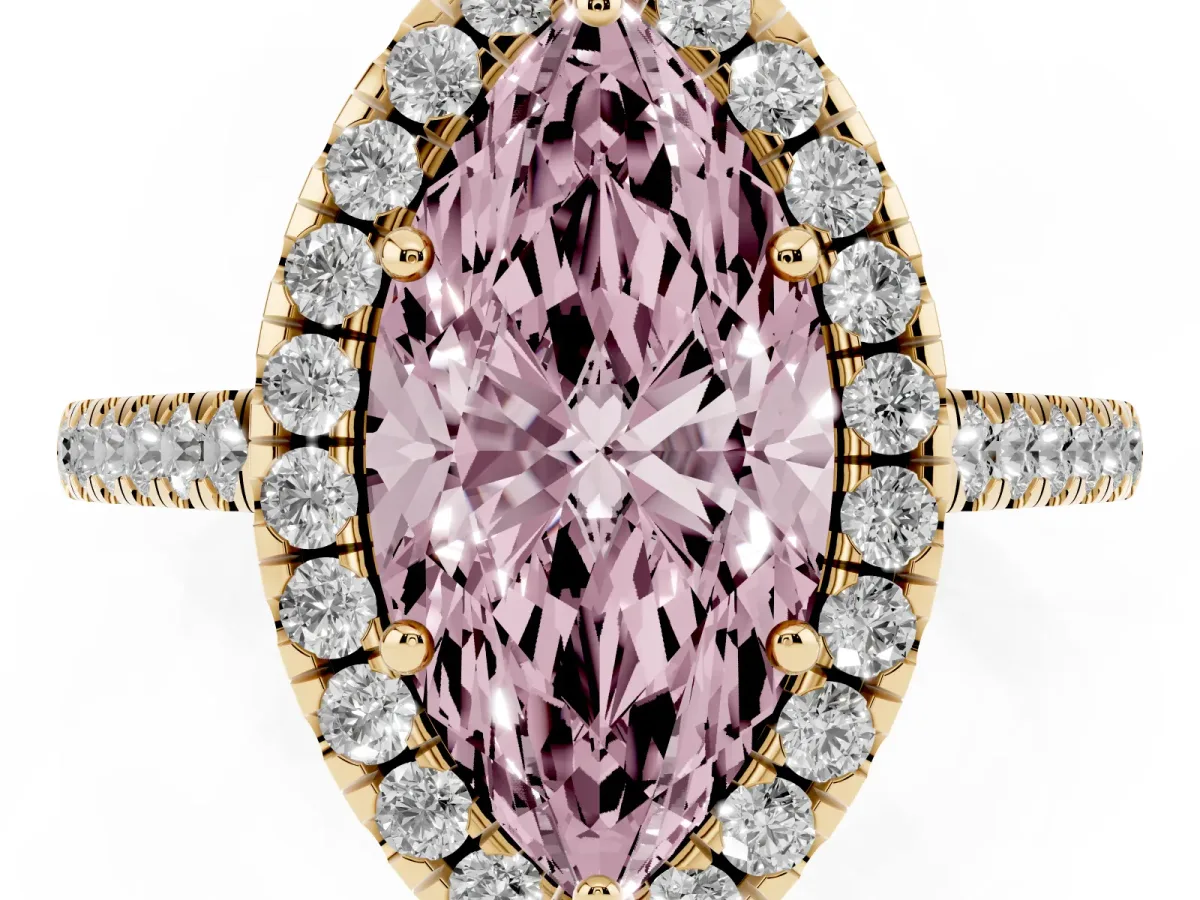 Fancy Pink Marquise Cut Halo Pavé Diamond Engagement Ring with Four-Prong Setting Yellow gold