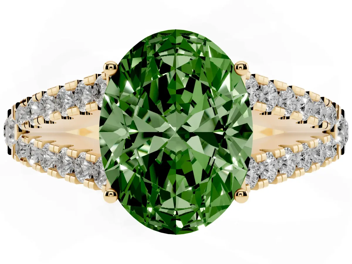 Fancy Green Oval Cut Diamond Split Shank Pavé Engagement Ring with Four-Prong Setting Yellow gold