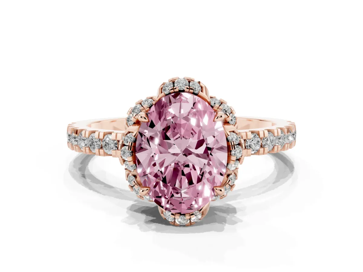 Fancy Pink Oval Cut Diamond Halo Pave Band with Four-Prong Setting Rose gold