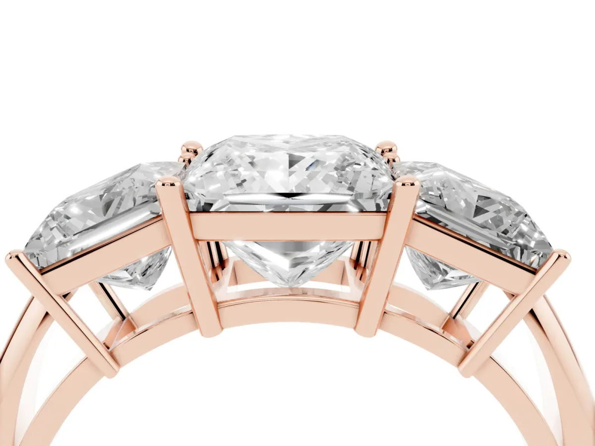 Three-Stone Princess Cut Cut Diamond Engagement Ring with Prong Setting on a White Gold Band Rose gold