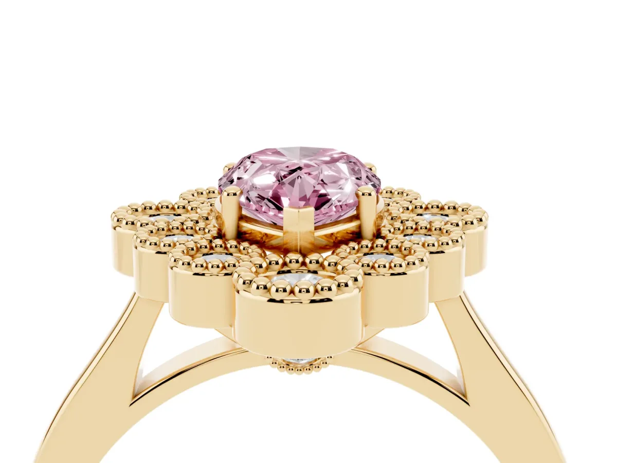 Fancy Pink Pear Cut Halo Diamond Cluster Engagement Ring with Milgrain Bezel Setting and Solitaire Band Yellow gold