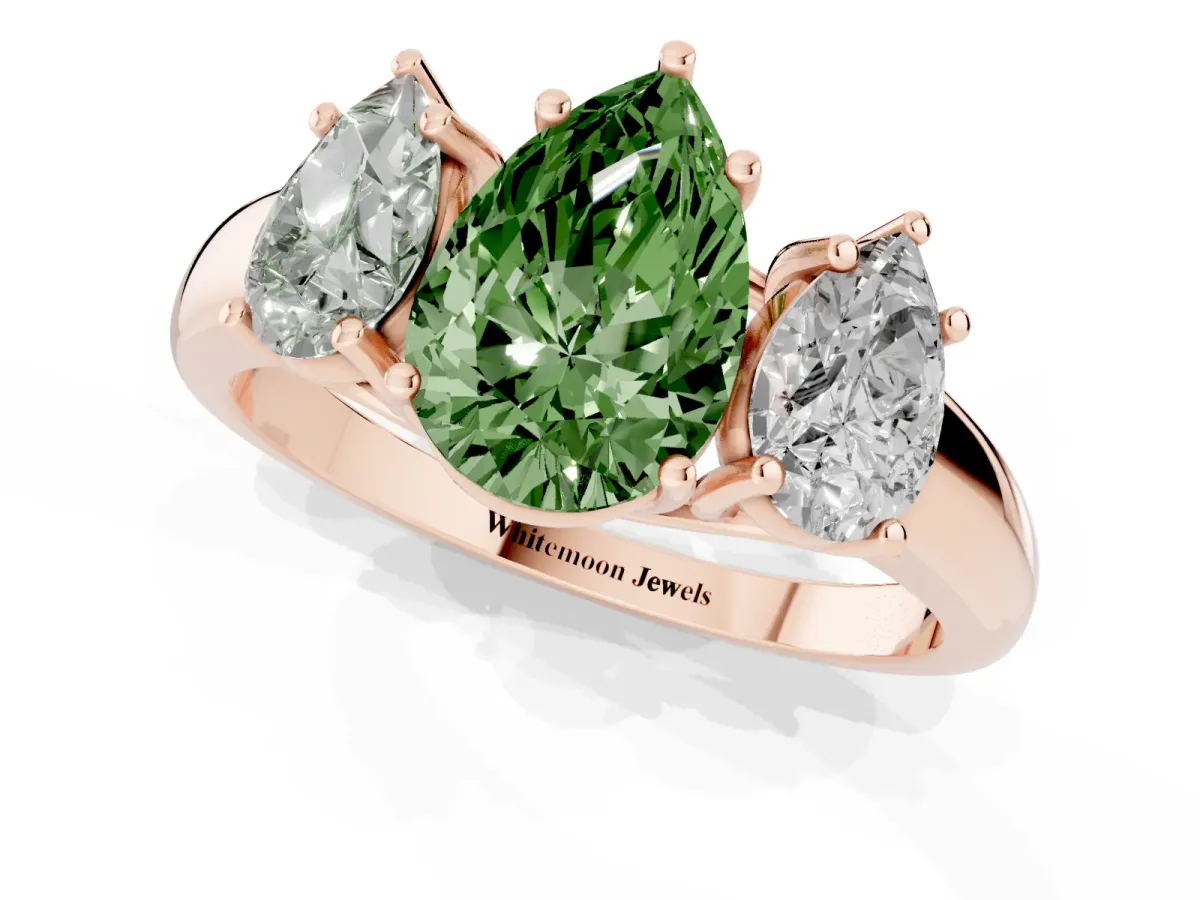 Fancy Green Three-Stone Pear Cut Diamond Engagement Ring with Prong Setting Rose gold