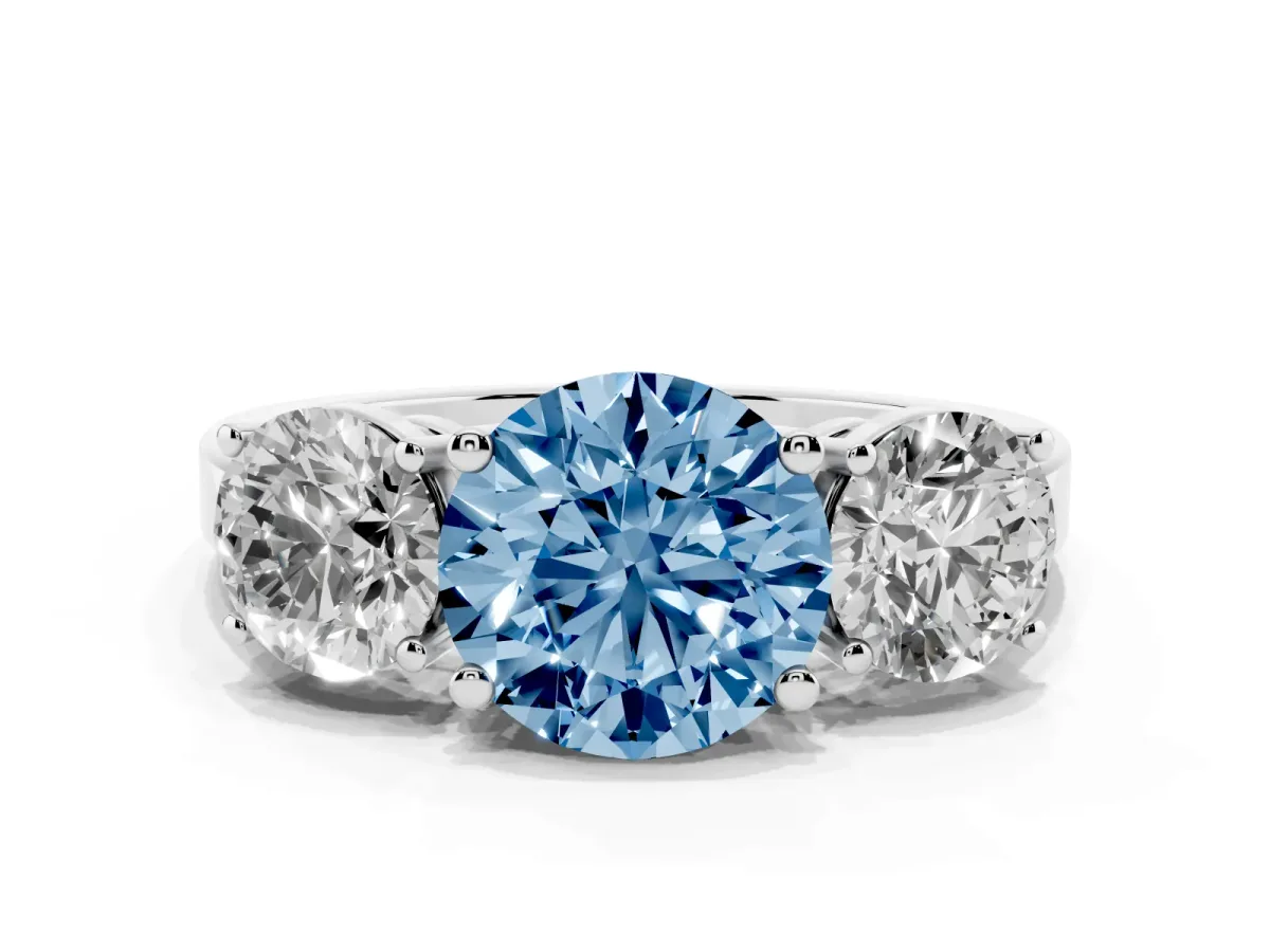 Fancy Blue Three-Stone Round Cut Cut Diamond Engagement Ring with Flat Band and Four-Prong Setting Silver