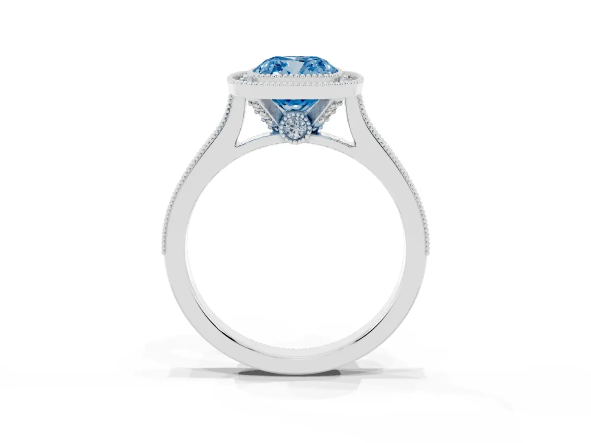 Fancy Blue Halo Cushion Cut-Cut Diamond Pave Band Milgrain Prong Setting Ring Silver