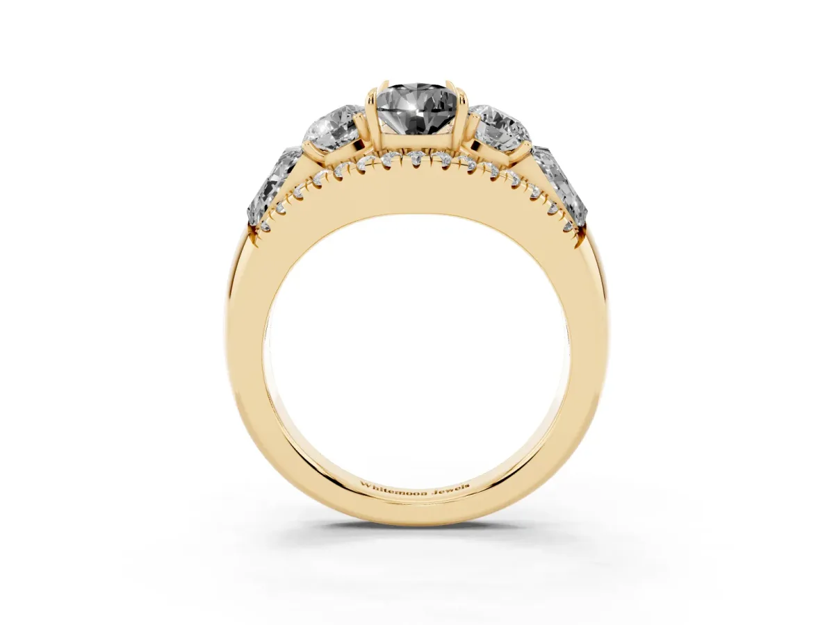 Fancy Black Three-Stone Pear Cut Diamond Engagement Ring with Pave Band and Prong Setting Yellow gold