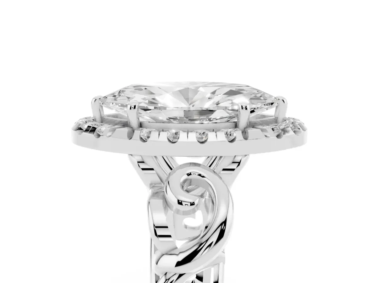 Marquise Cut Cut Halo Diamond Ring with Scrollwork Band and Four-Prong Setting Silver
