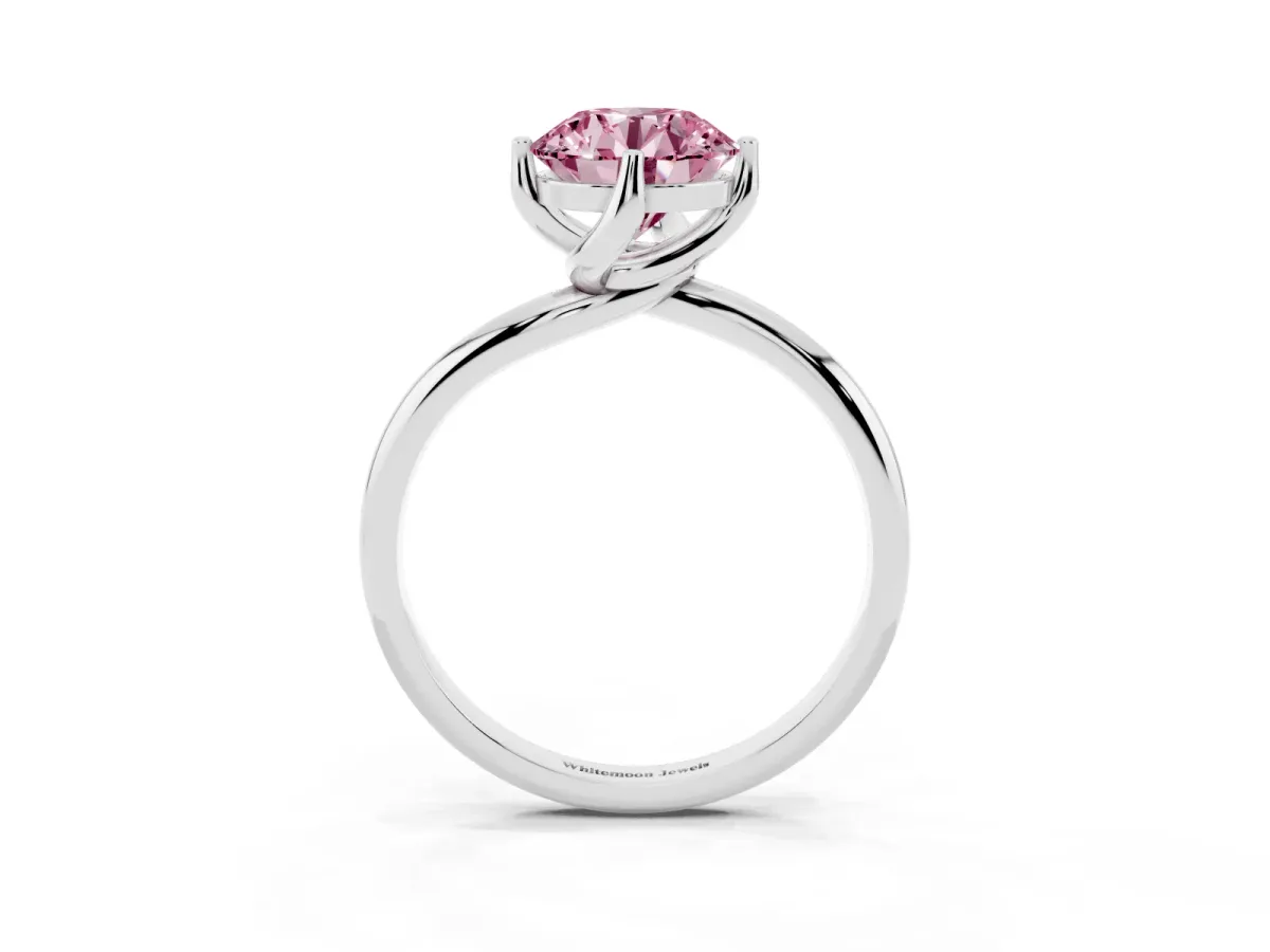 Fancy Pink Round Cut Diamond Solitaire Engagement Ring with Four-Prong Setting and Classic Band Silver