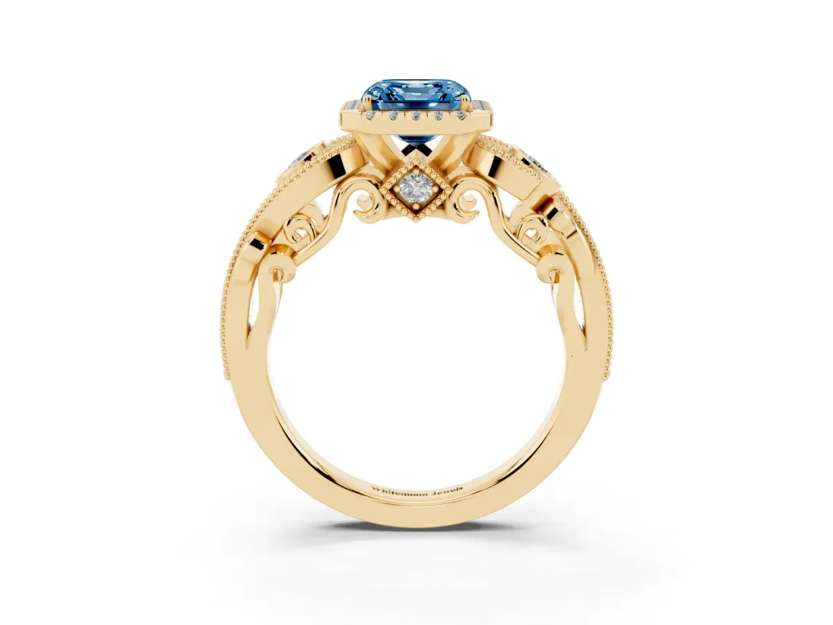 Fancy Blue Asscher Cut Diamond Halo Ring with Milgrain Pavé Band and Four-Prong Setting Yellow gold