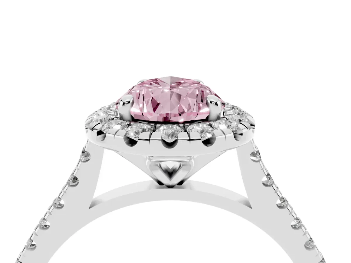 Fancy Pink Pear Cut Diamond Cushion Halo Ring with Pavé Band Platinum