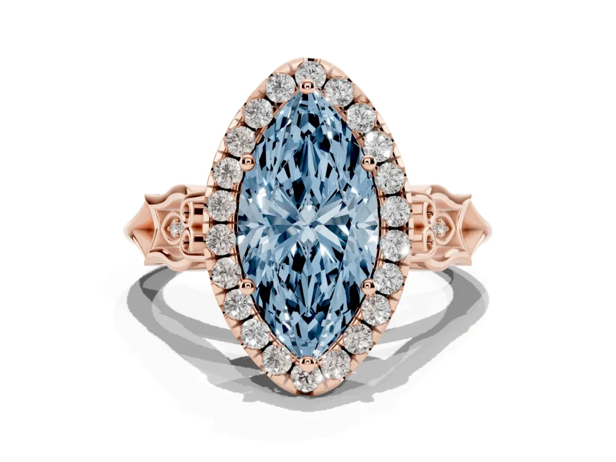 Fancy Blue Marquise Cut Halo Diamond Engagement Ring with Filigree Band and Four-Prong Setting Rose gold
