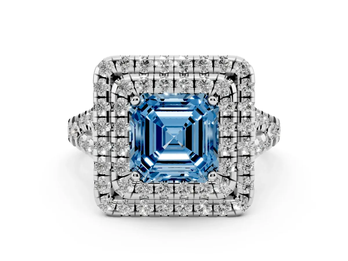 Fancy Blue Double Halo Asscher Cut Diamond Pavé Split Shank Ring with Prong Setting Platinum
