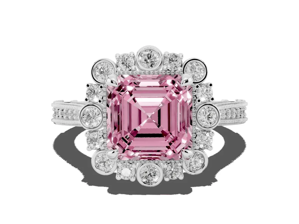 Fancy Pink Asscher Cut Halo Milgrain Pave Diamond Ring with Four-Prong Setting White gold