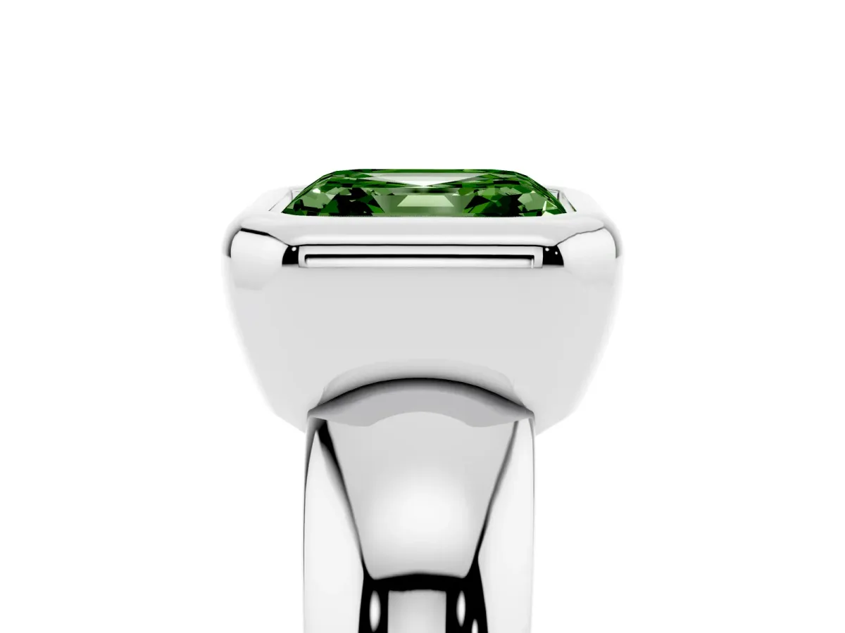 Fancy Green Bezel Set Asscher Cut Solitaire Ring with Wide Band Silver