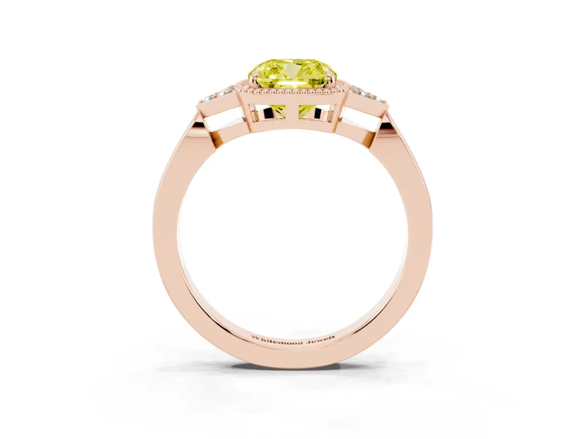 Fancy Yellow Hexagonal Halo Cushion Cut Diamond Solitaire with Pavé Band and Four-Prong Setting Rose gold