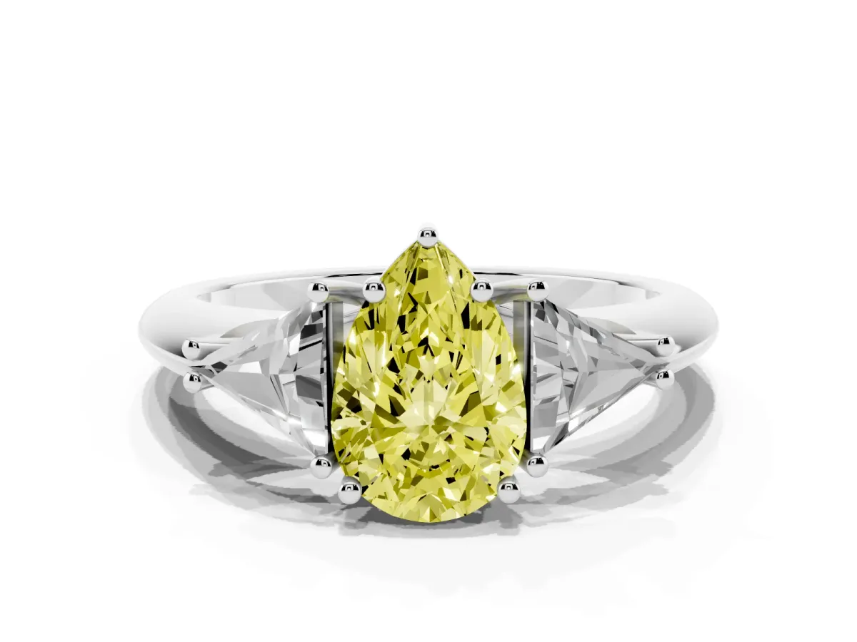 Fancy Yellow Three-Stone Pear Cut Diamond Engagement Ring with Trillion Side Stones and Prong Setting Silver