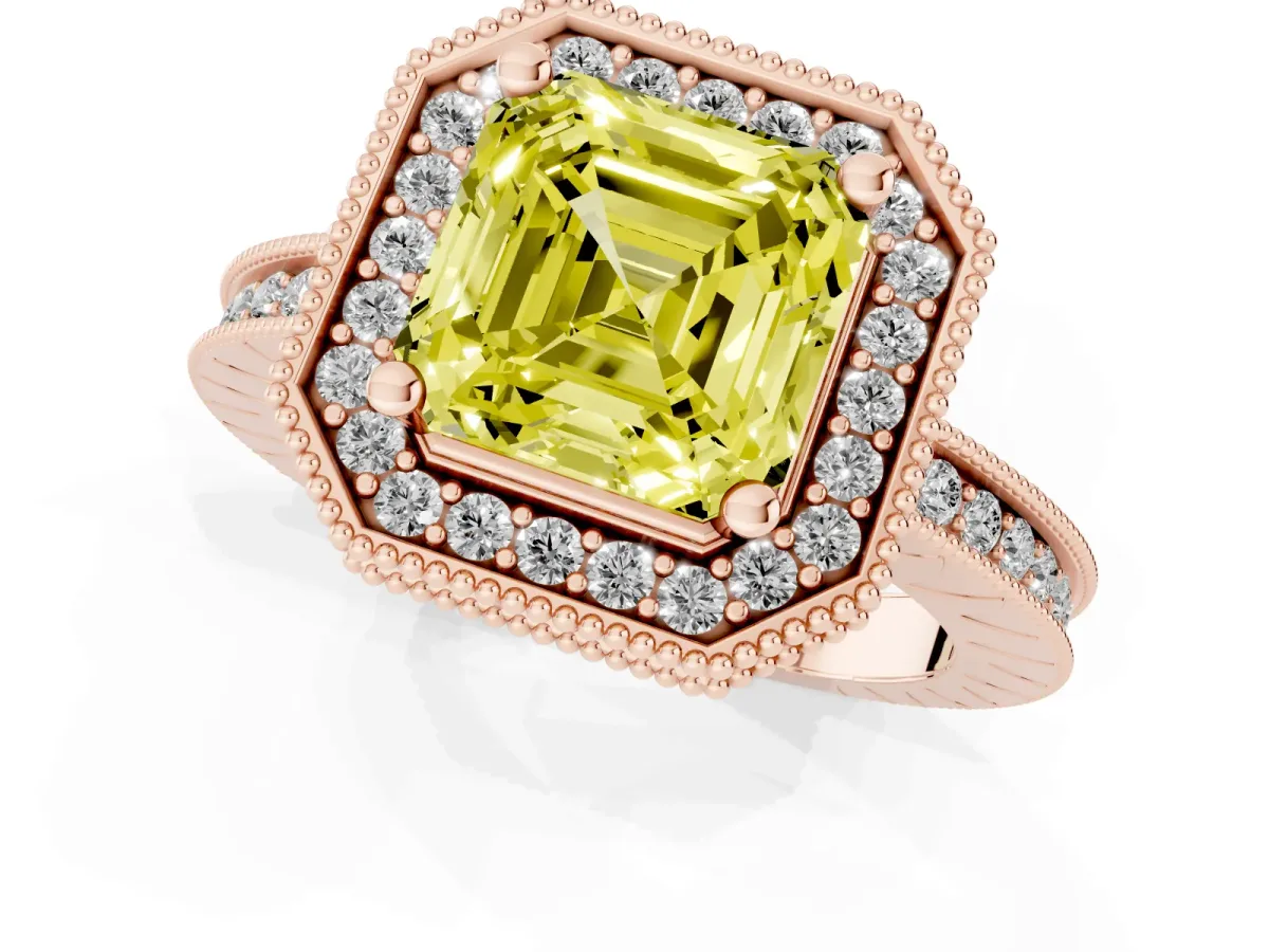 Fancy Yellow Asscher Cut Diamond Milgrain Halo Engagement Ring with Round Pavé Band and Prong Setting Rose gold