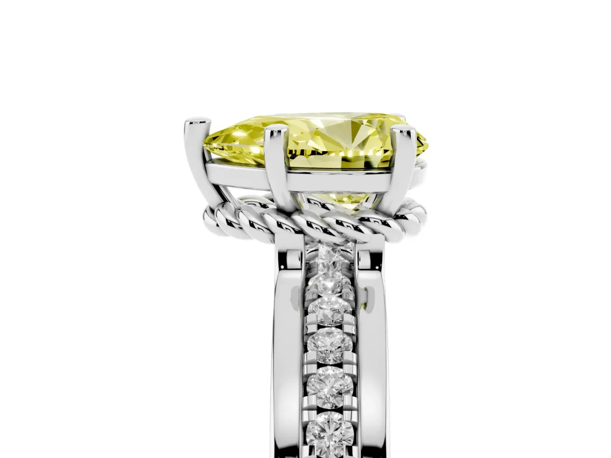 Fancy Yellow Pear Cut Solitaire Diamond Ring with Channel Set Band and Six-Prong Setting Silver