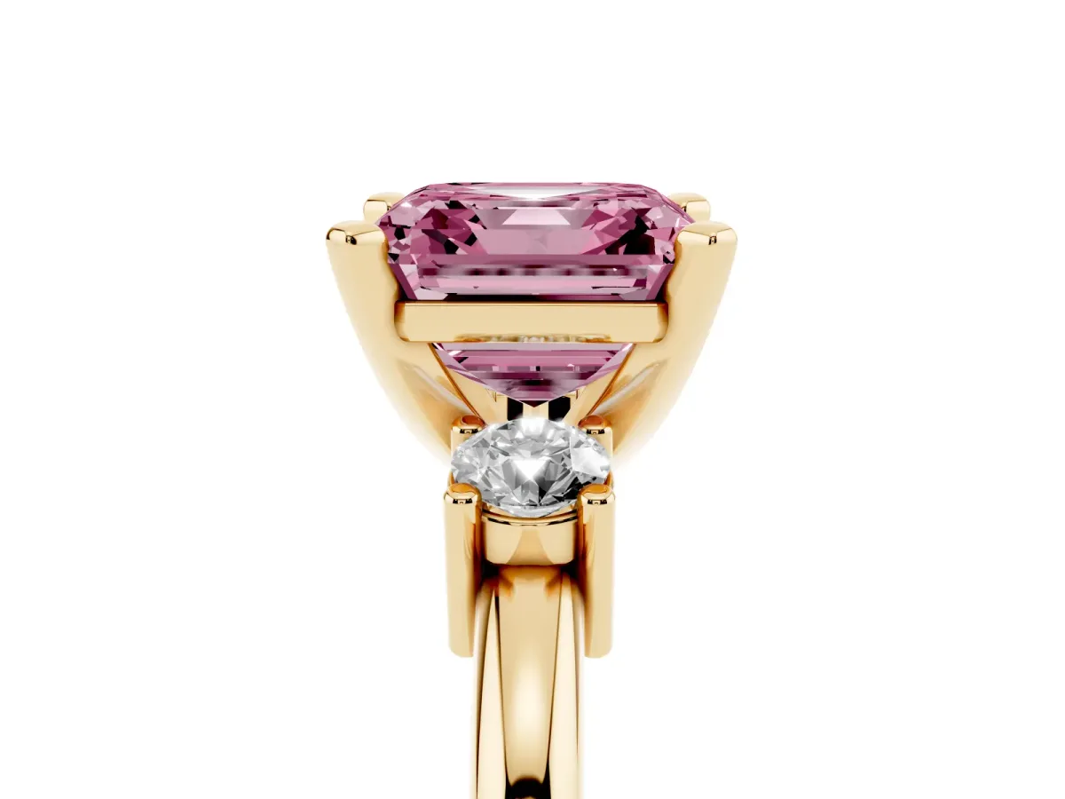 Fancy Pink Three-Stone Asscher Cut Cut Diamond Solitaire with Prong Setting and Classic Band Yellow gold