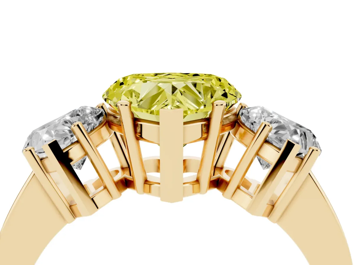 Fancy Yellow Three-Stone Heart Cut Cut Diamond Engagement Ring with Flat Band and Four-Prong Setting Yellow gold
