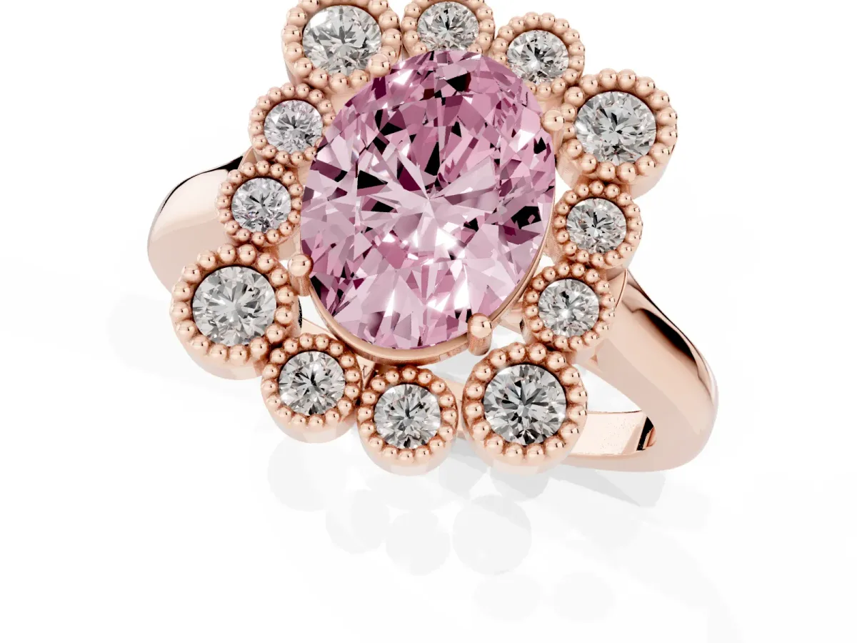 Fancy Pink Oval Cut Halo Diamond Cluster Engagement Ring with Milgrain Bezel Setting and Solitaire Band Rose gold