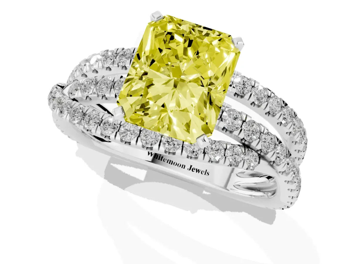 Fancy Yellow Radiant Cut Solitaire Twist Band with Pavé Setting and Four-Prong Setting Silver