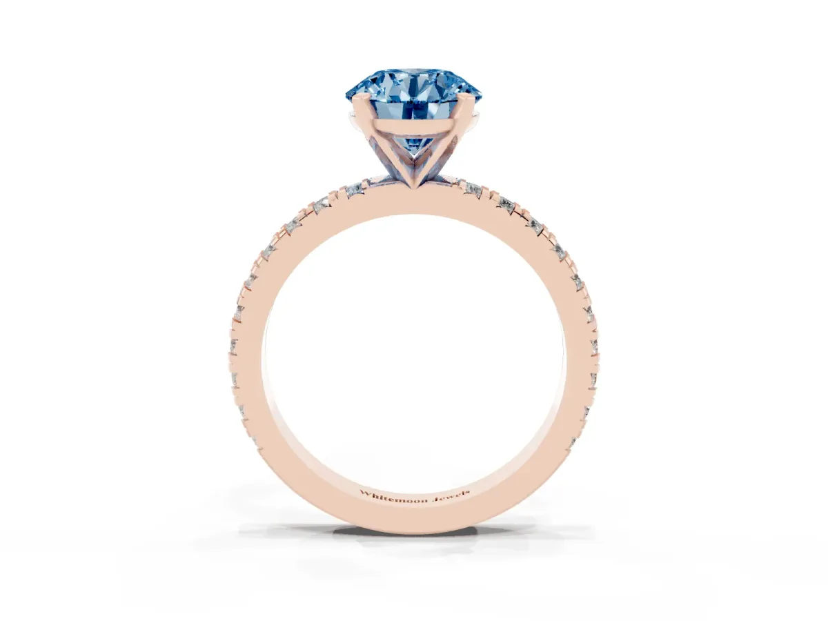 Fancy Blue Round Cut Diamond Pavé Band Solitaire with Four-Prong Setting Rose gold