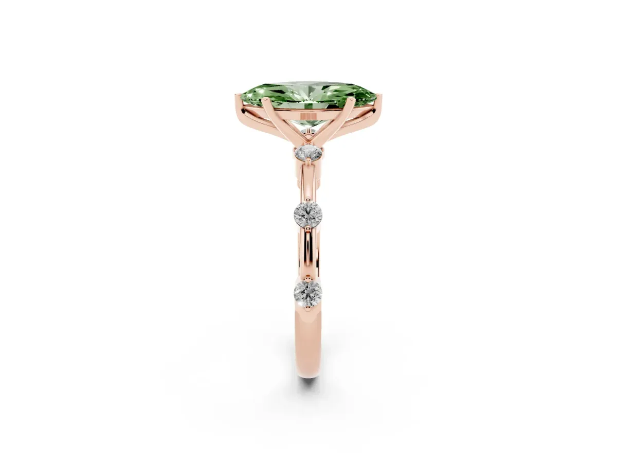 Fancy Green Marquise Cut Solitaire Diamond Ring with Bezel Set Side Stones and Prong Setting Rose gold