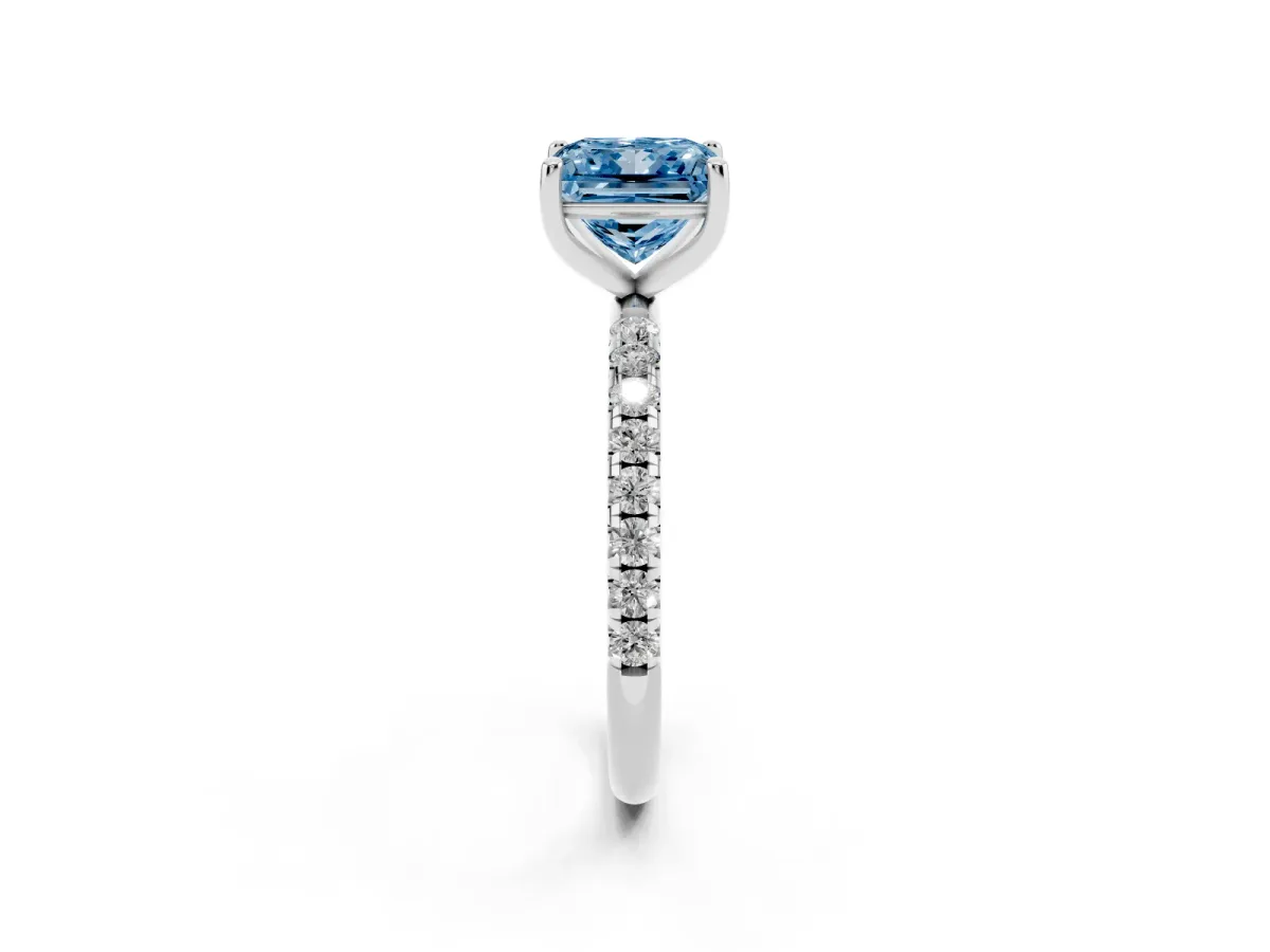 Fancy Blue Princess Cut Cut Diamond Solitaire Ring with Micro Pave Band and Four Prong Setting Silver