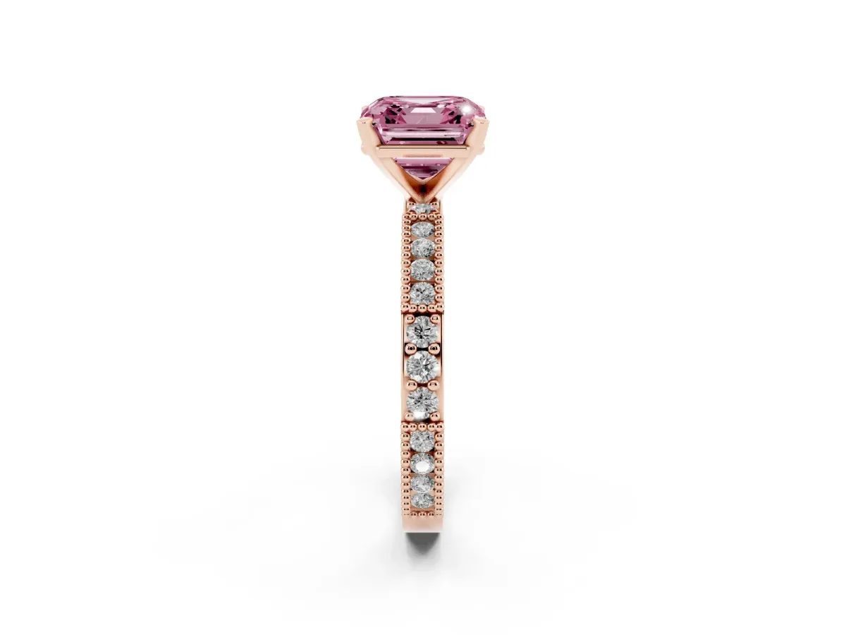 Fancy Pink Asscher Cut Solitaire with Pavé Band and Four-Prong Setting Rose gold