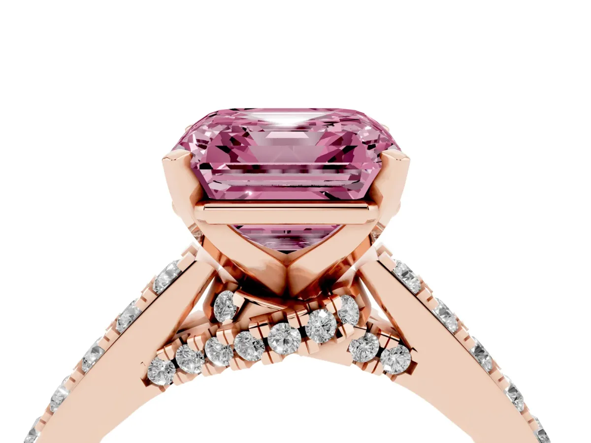 Fancy Pink Asscher Cut Diamond Solitaire Ring with Crossover Gallery and Round Pavé Band Rose gold