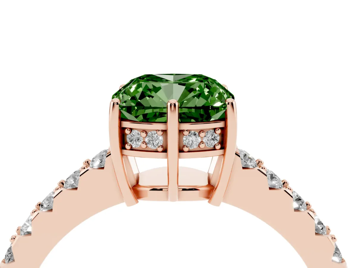 Fancy Green Cushion Cut Solitaire Diamond Engagement Ring with Pavé Band and Six-Prong Setting Rose gold
