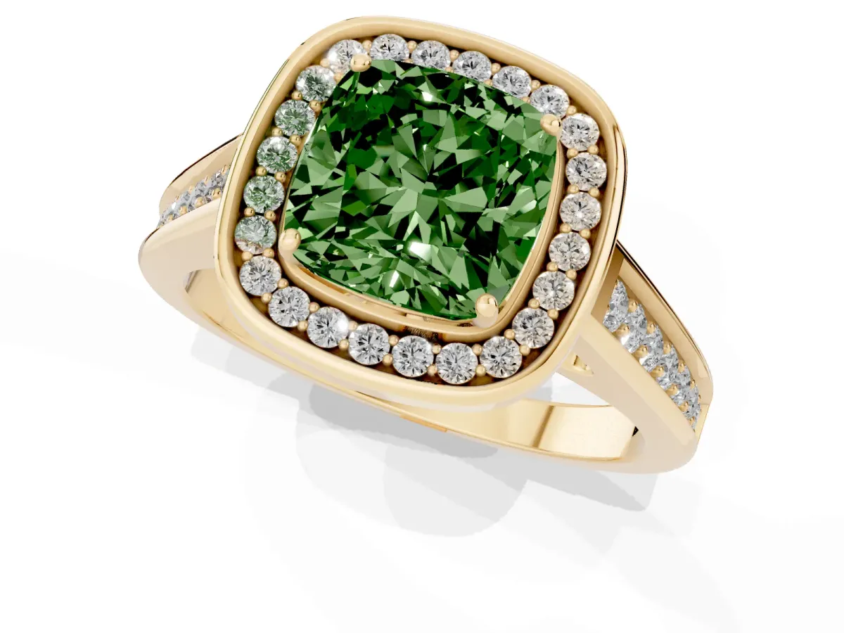 Fancy Green Cushion Cut Halo Solitaire Diamond Ring with Pave Band and Bezel Setting Yellow gold