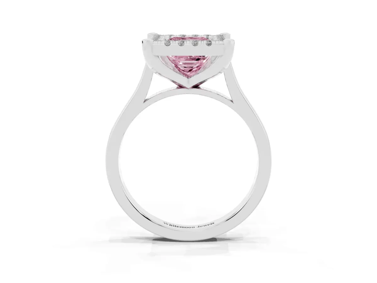 Fancy Pink Princess Cut Diamond Cluster Halo Solitaire with Four-Prong Setting Silver