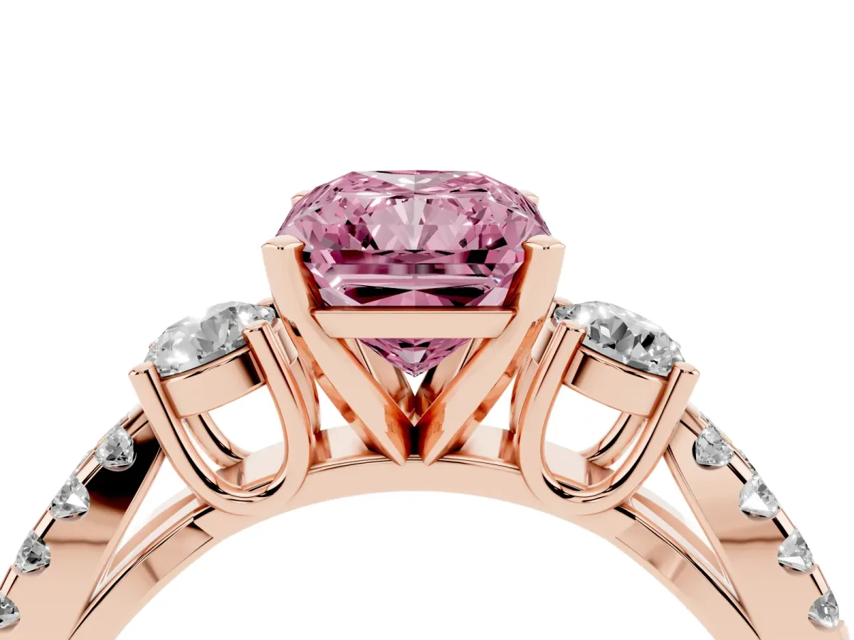 Fancy Pink Radiant Cut Diamond Three-Stone Ring with Pavé Split Shank and Four-Prong Setting Rose gold