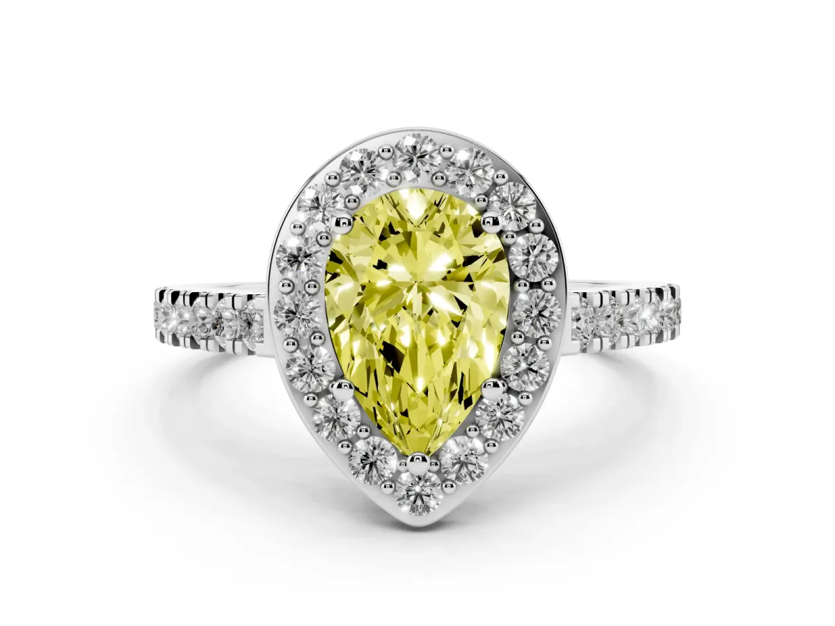 Fancy Yellow Pear Cut Diamond Halo Ring with Round Pavé Split Shank and Prong Setting Silver