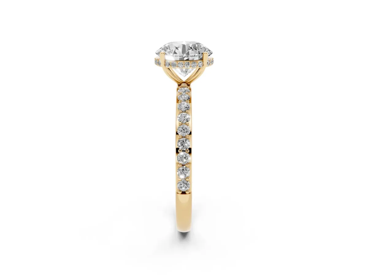 Round Cut Diamond Solitaire Ring with Pavé Band and Hidden Halo Yellow gold