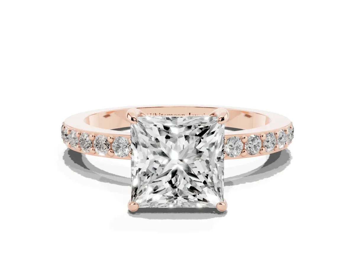 Princess Cut Diamond Pavé Engagement Ring with Round Accents and Prong Setting Rose gold