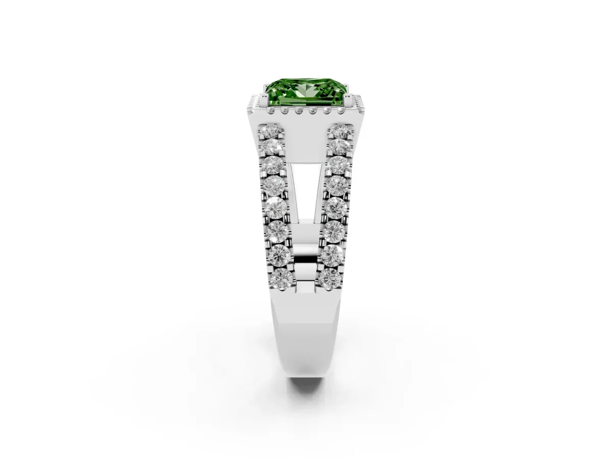 Fancy Green Princess Cut Cut Halo Split Shank Diamond Ring with Four-Prong Setting Platinum