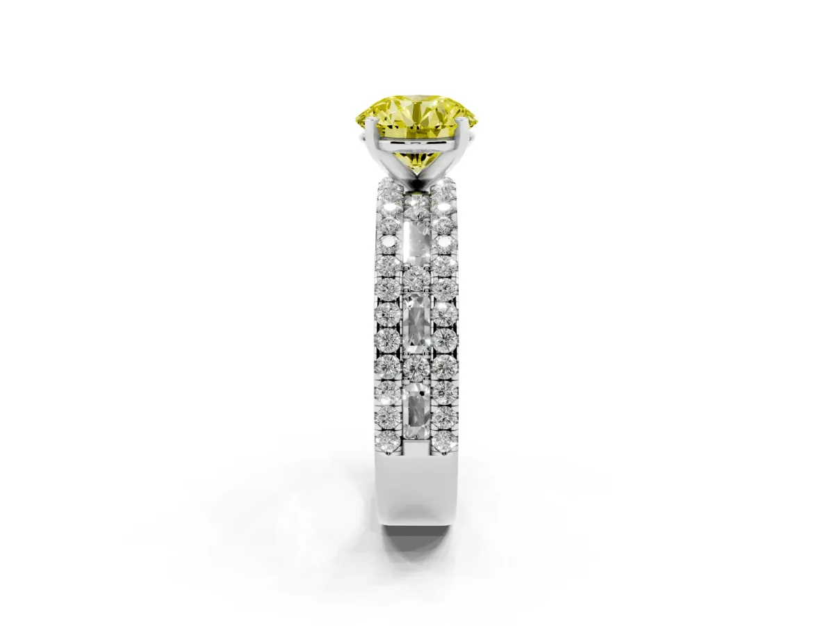 Fancy Yellow Round Cut Diamond Solitaire Ring with Pavé and Channel Set Band Silver