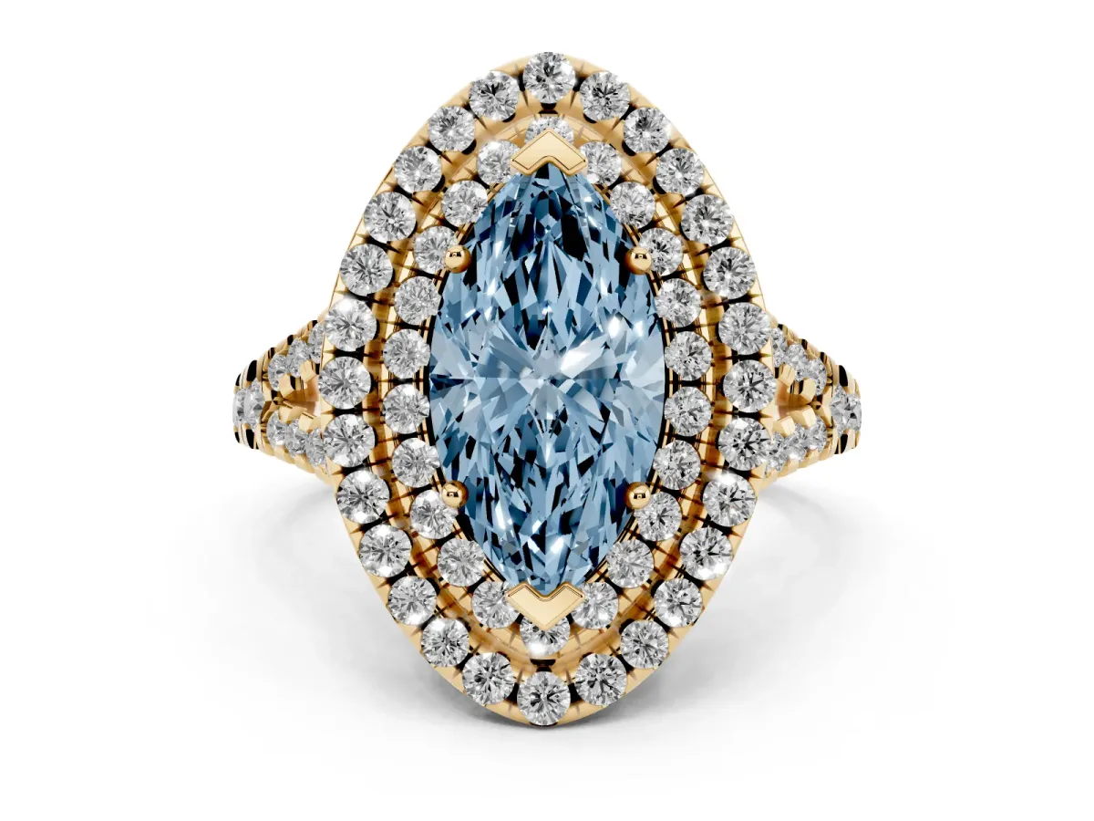 Fancy Blue Double Halo Marquise Cut Diamond Pavé Split Shank Ring with Prong Setting Yellow gold