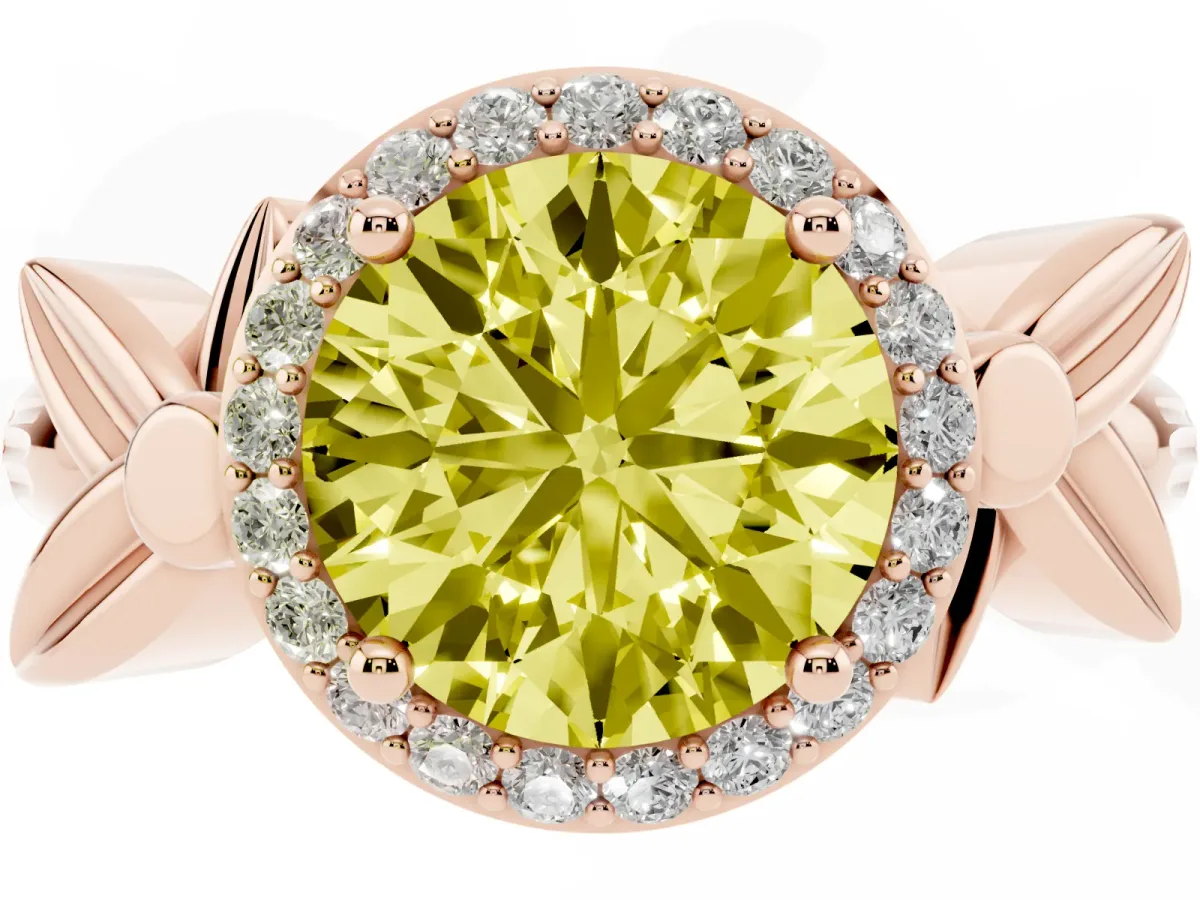 Fancy Yellow Round Cut Halo Diamond Floral Band with Four-Prong Setting Rose gold