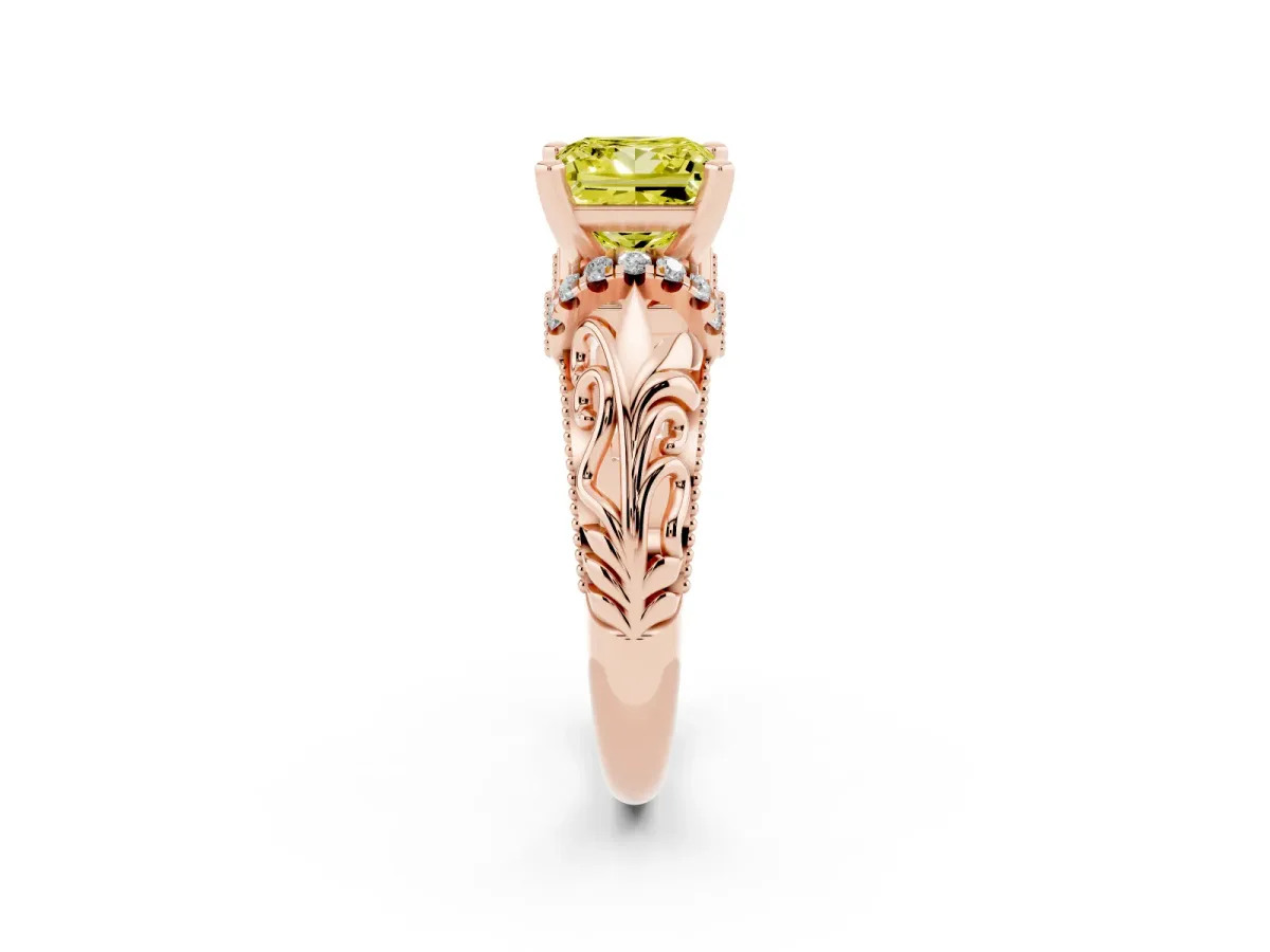 Fancy Yellow Princess Cut Solitaire Filigree Engagement Ring with Halo and Prong Setting Rose gold