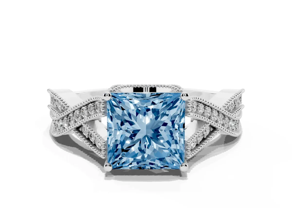 Fancy Blue Princess Cut Cut Diamond Twisted Band with Milgrain Pave Setting and Four-Prong Setting Platinum