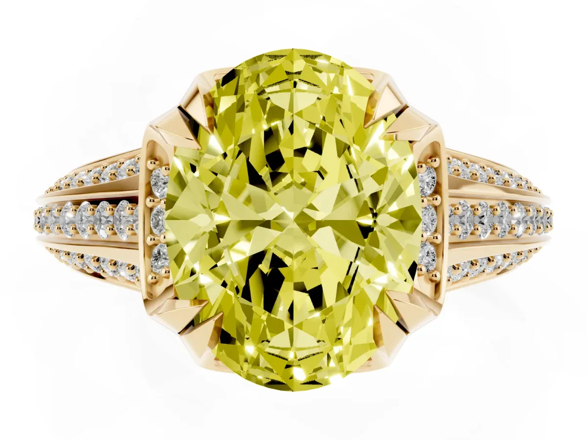 Fancy Yellow Oval Cut Solitaire Pave Split Shank Ring with Four-Prong Setting Yellow gold
