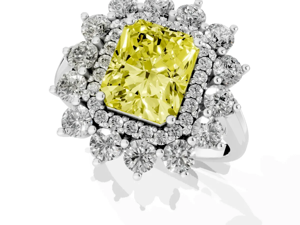 Fancy Yellow Radiant Cut Diamond Floral Double Halo Engagement Ring with Prong Setting Platinum