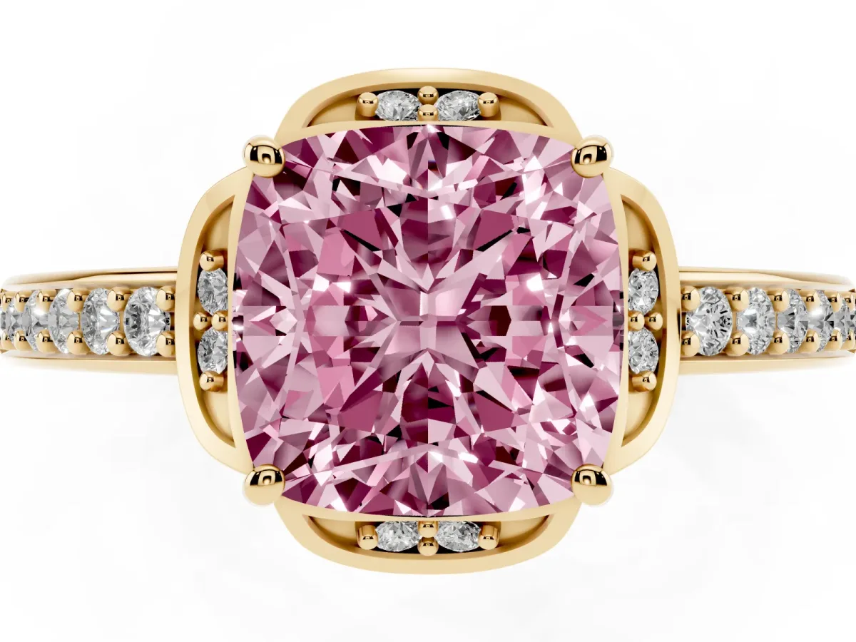 Fancy Pink Cushion Cut Cut Halo Diamond Ring with Channel Set Band and Four-Prong Setting Yellow gold