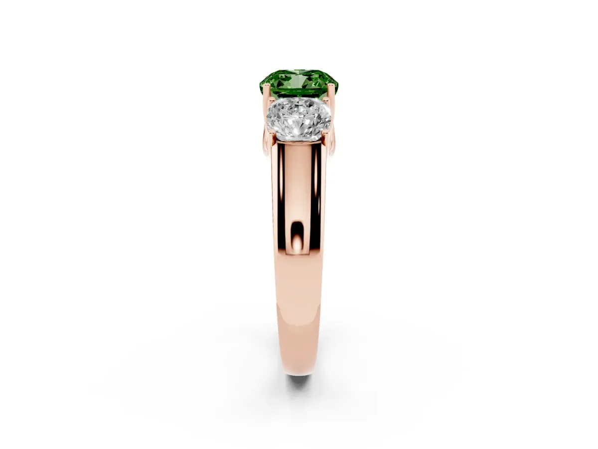 Fancy Green Three-Stone Cushion Cut Cut Diamond Ring with Prong Setting and Classic Band Rose gold