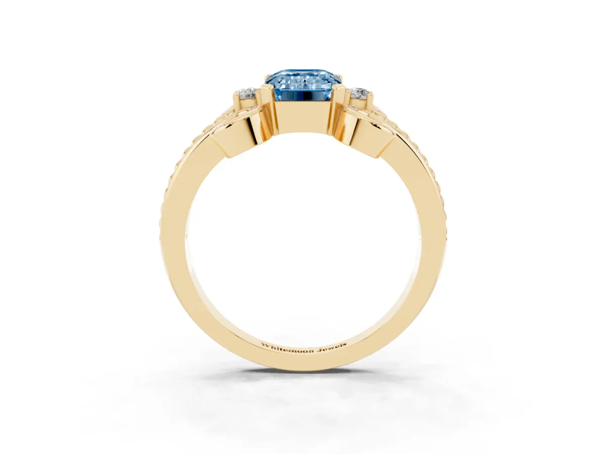 Fancy Blue Emerald Cut Solitaire Twisted Band Scroll Prong Ring Yellow gold