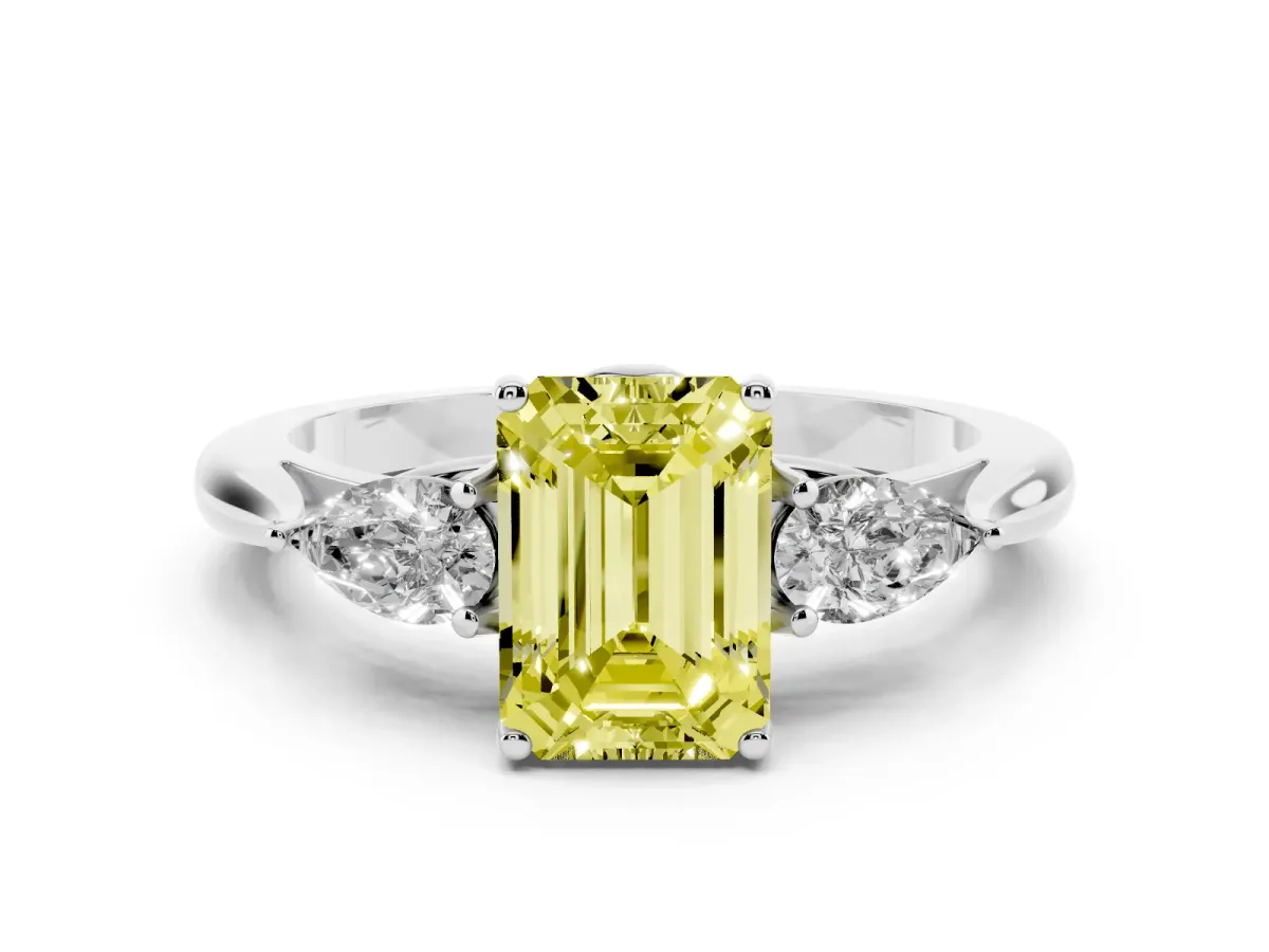 Fancy Yellow Three-Stone Emerald Cut Brilliant Diamond Solitaire Ring with Tapered Band and Four-Prong Setting Platinum