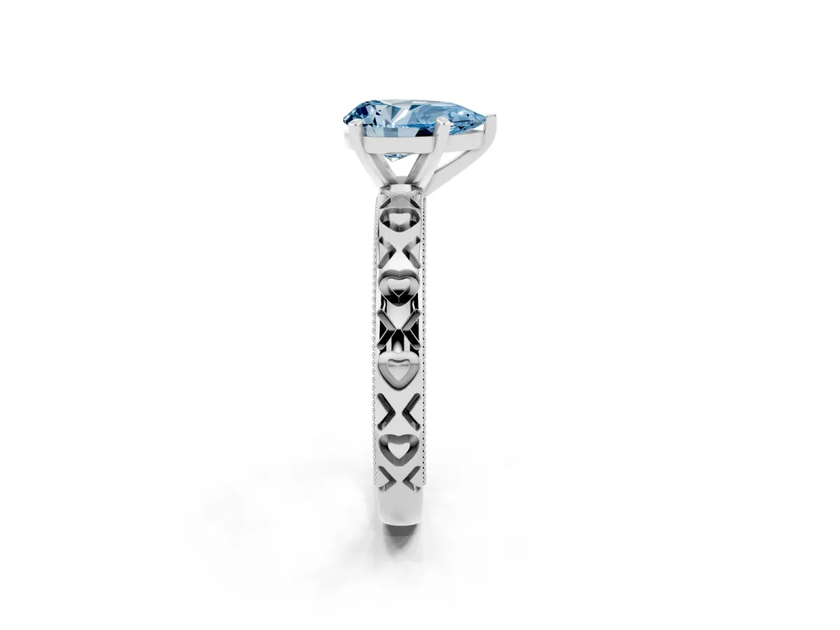 Fancy Blue Pear Cut Solitaire Diamond Engagement Ring with XO Engraved Band and Four-Prong Setting White gold